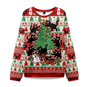 2025 Black Cats Destroying Christmas Tree Christmas Ugly Sweater 1