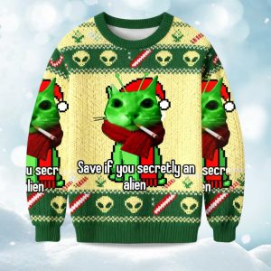 2025 Save If You Secretly An Alien Smoing Cat Christmas Ugly Sweater 1