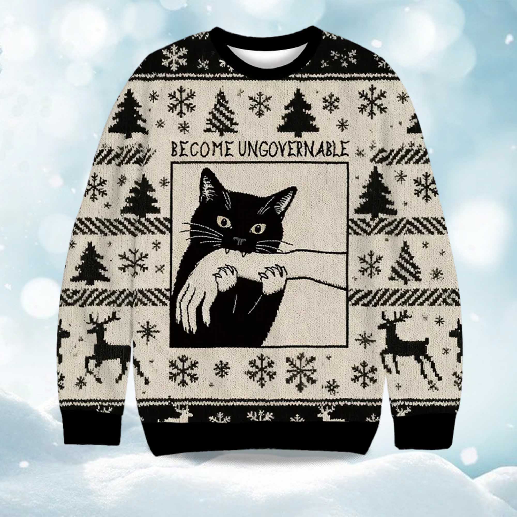 Become Ungovernable Black Cat Biting Christmas Ugly Sweater 