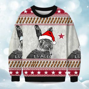 2025 Who The Fuck Is Alice Smoking Rabbit Christmas Ugly Sweater 1