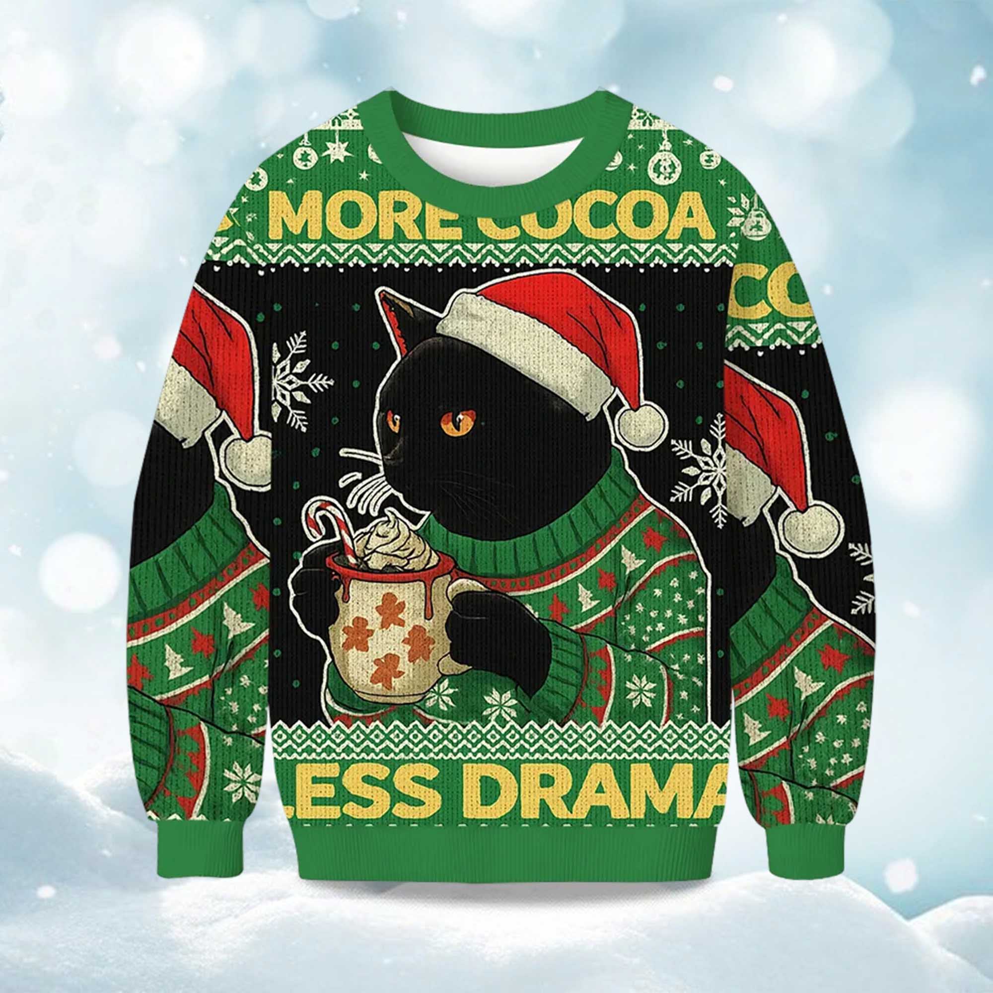 More Cocoa Less Drama Cat Meme Christmas Ugly Sweater More Cocoa Less Drama Cat Meme Christmas Ugly Sweater
