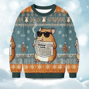 2025 Hamster Reading Newspaper And Smoking Christmas Ugly Sweater 1