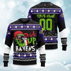 2025 Ravens Drink Up Grnch Christmas Ugly Sweater 1
