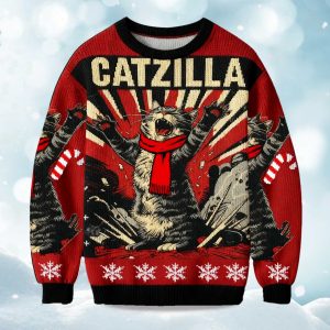 2025 Catzilla Roaring Funny Cat Retro Christmas Ugly Sweater 1
