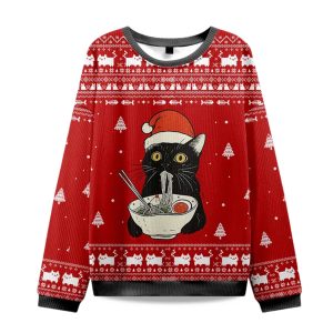 2025 Funny Taking a Cat to Eat Ramen Christmas Ugly Sweater 1