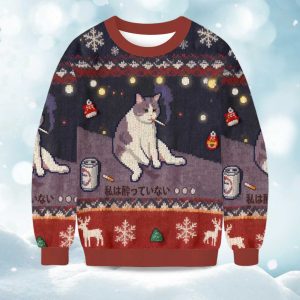 2025 No Drunk Smoking Cat Funny Meme Christmas Ugly Sweater 1
