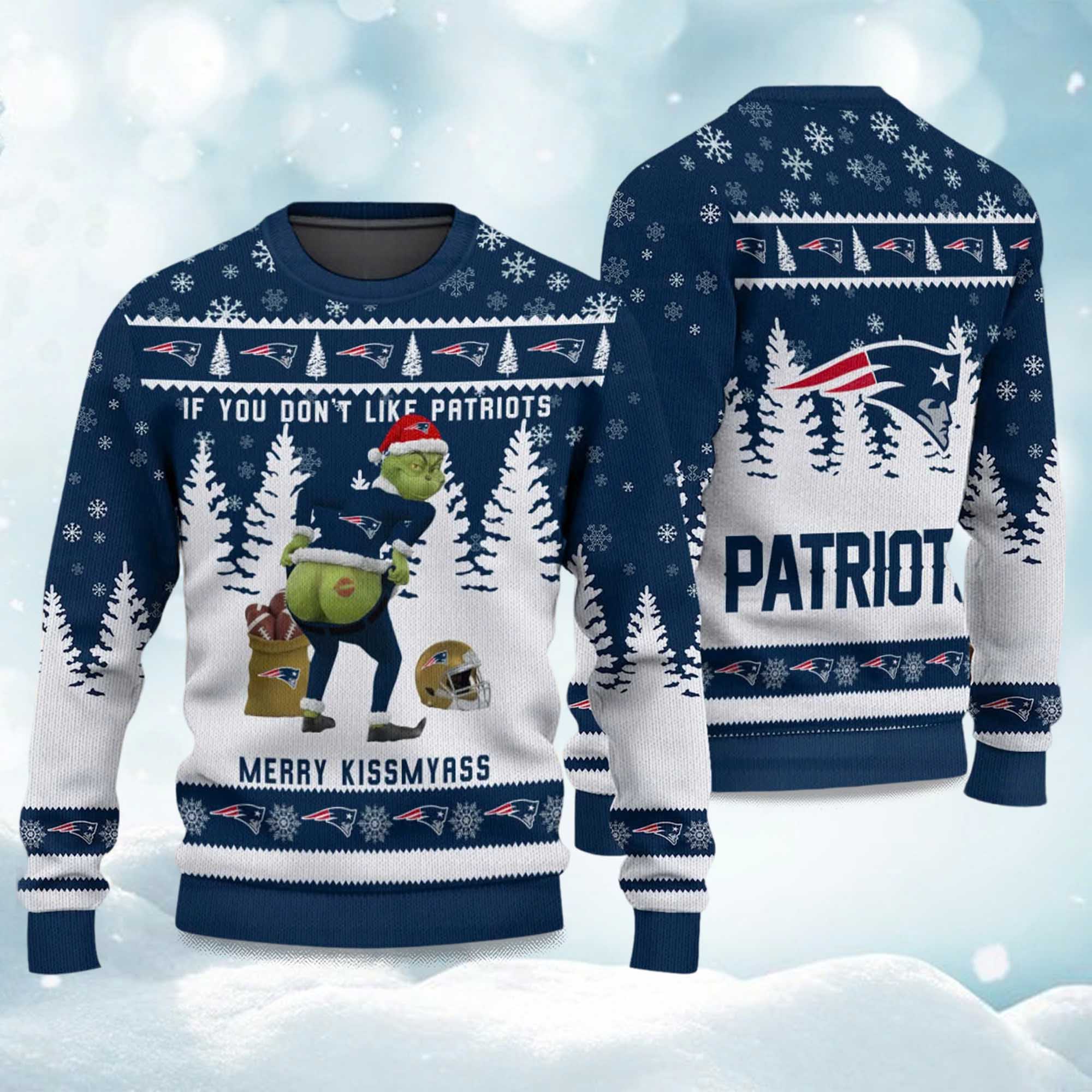 2025 Patriots Grnch Merry Kiss My Ass Christmas Ugly Sweater