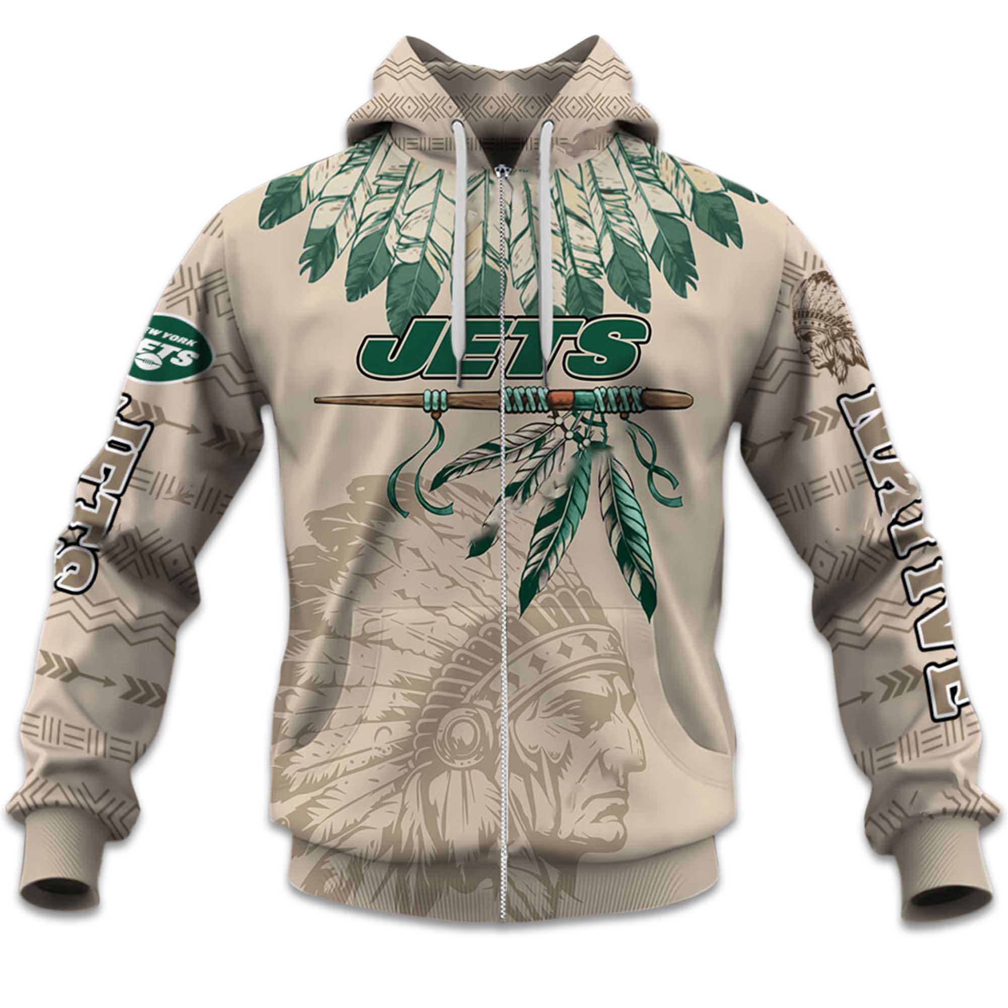 2025 Personalized Jets Football Native American Heritage Zipper Hoodie 2025 Personalized Jets Football Native American Heritage Zipper Hoodie