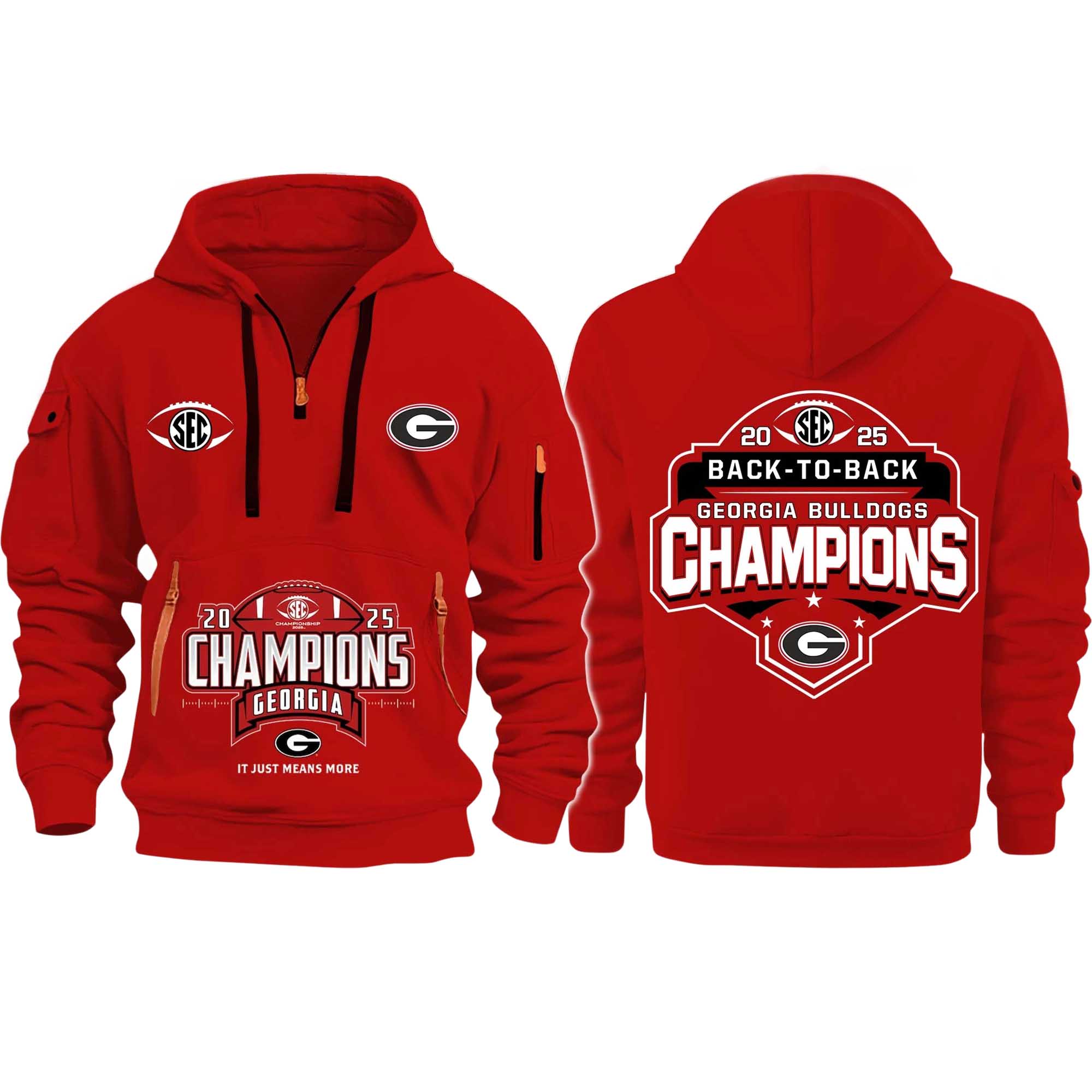 Bulldogs Back To Back SEC Champions 2025 Quarter Zip Hoodie Bulldogs Back To Back SEC Champions 2025 Quarter Zip Hoodie