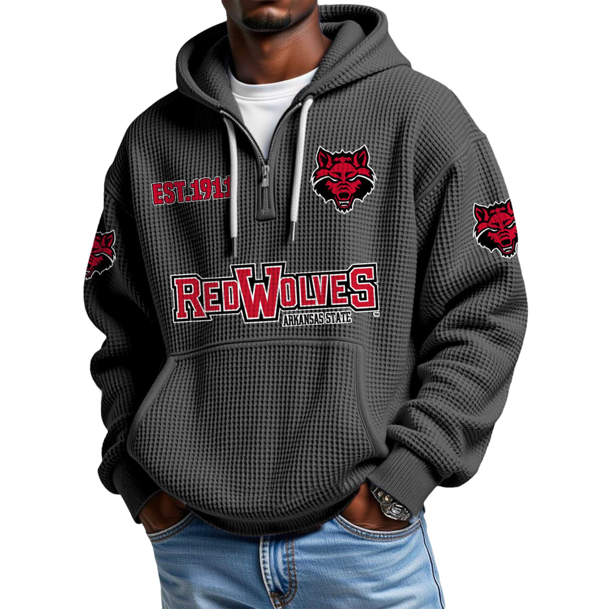 Red Wolves Arkansas State EST 1911 Quarter Zip Waffle Hoodie Red Wolves Arkansas State EST 1911 Quarter Zip Waffle Hoodie
