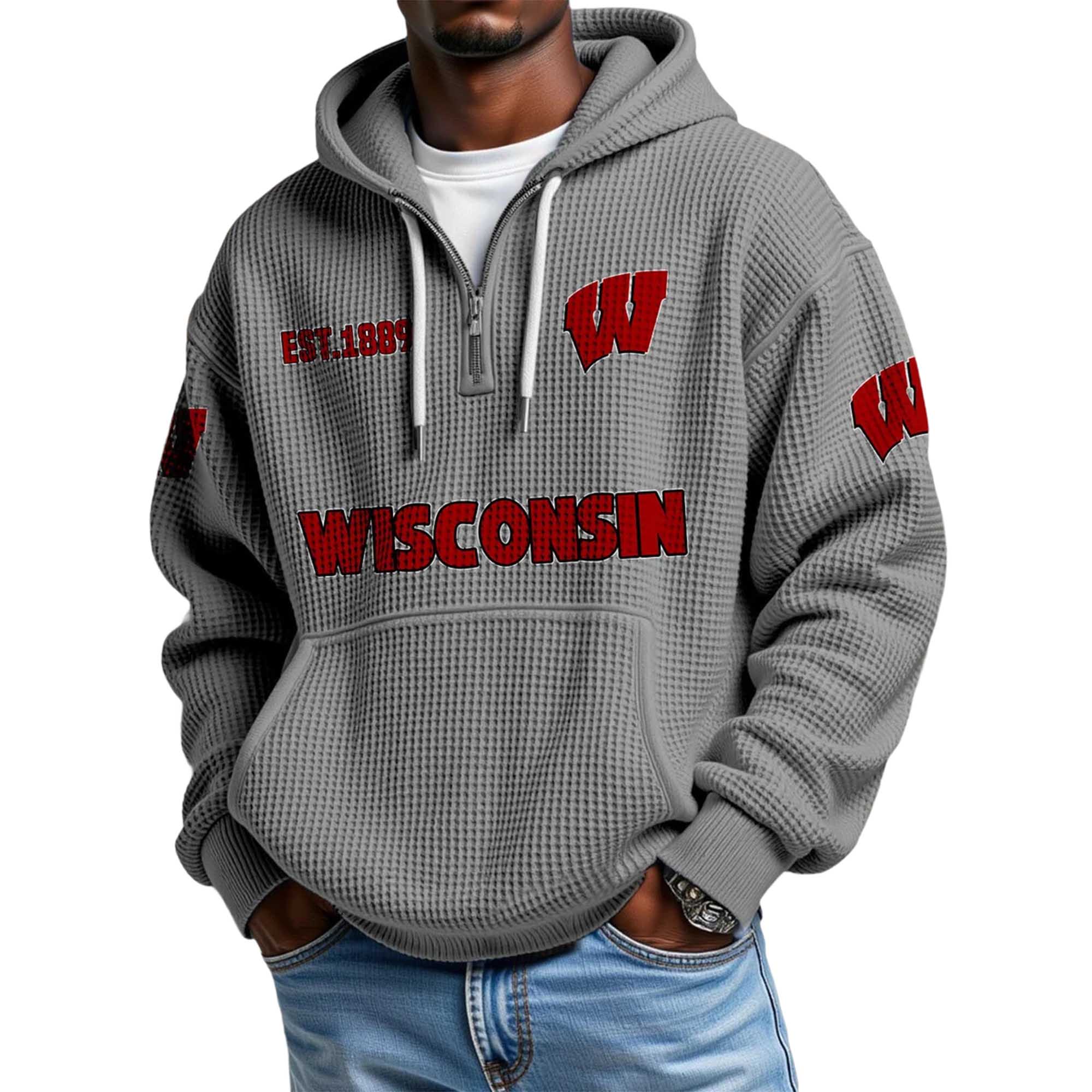 Wisconsin EST 1889 Quarter Zip Waffle Hoodie 4 Wisconsin EST 1889 Quarter Zip Waffle Hoodie 4