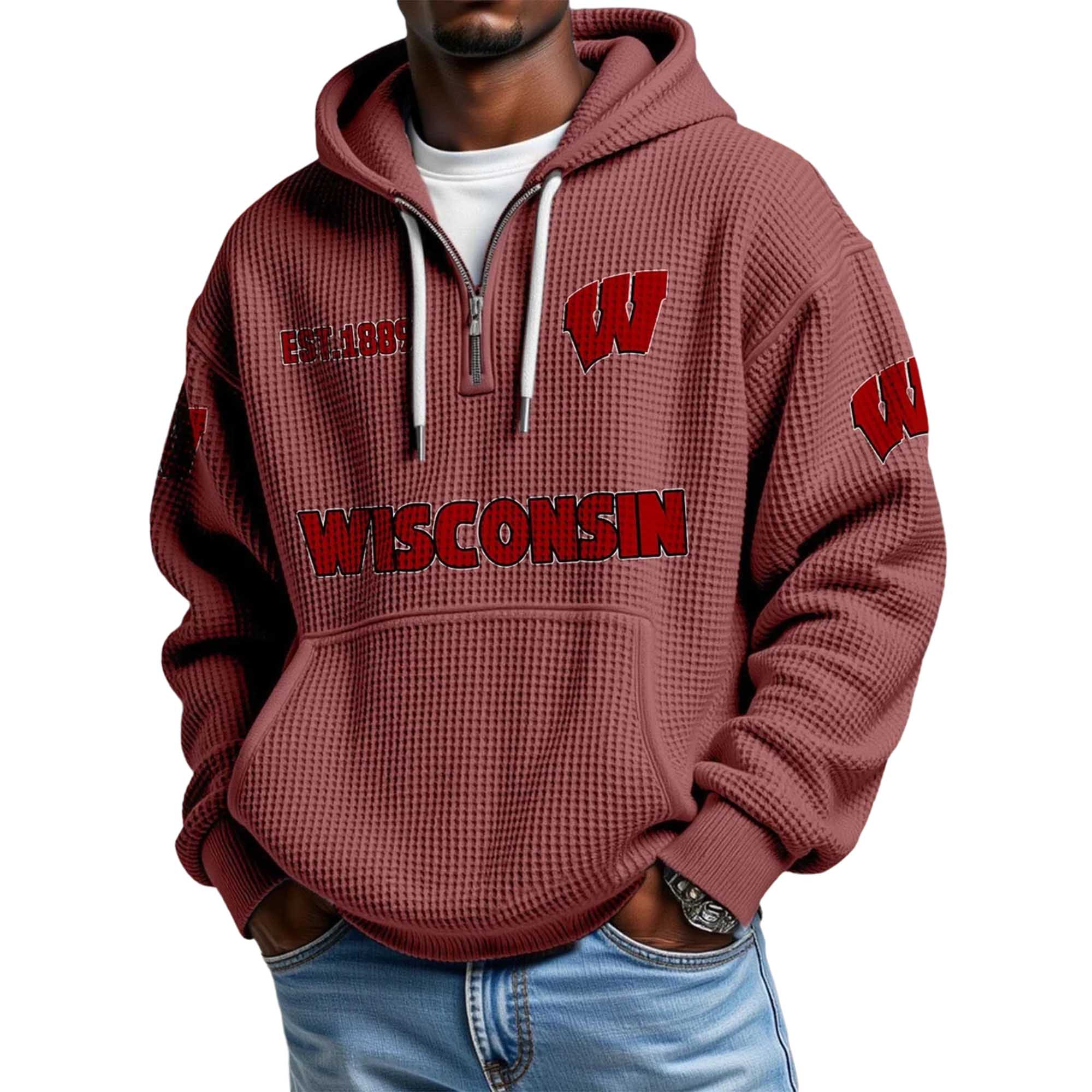 Wisconsin EST 1889 Quarter Zip Waffle Hoodie 5 Wisconsin EST 1889 Quarter Zip Waffle Hoodie 5