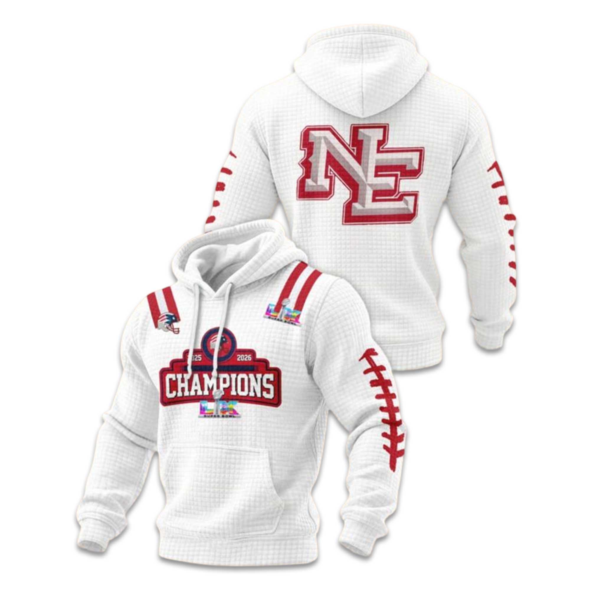 2026 NE Patriots Bowl LX Champions Waffle Hoodie 2026 NE Patriots Bowl LX Champions Waffle Hoodie