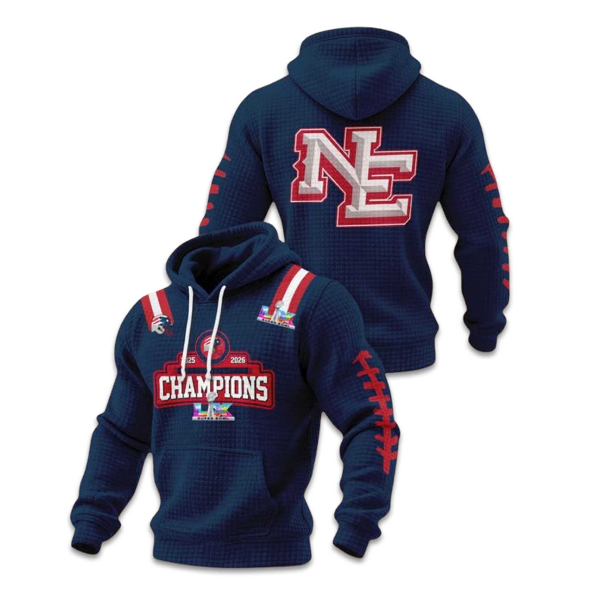 2026 NE Patriots Bowl LX Champions Waffle Hoodie 2 2026 NE Patriots Bowl LX Champions Waffle Hoodie (2)