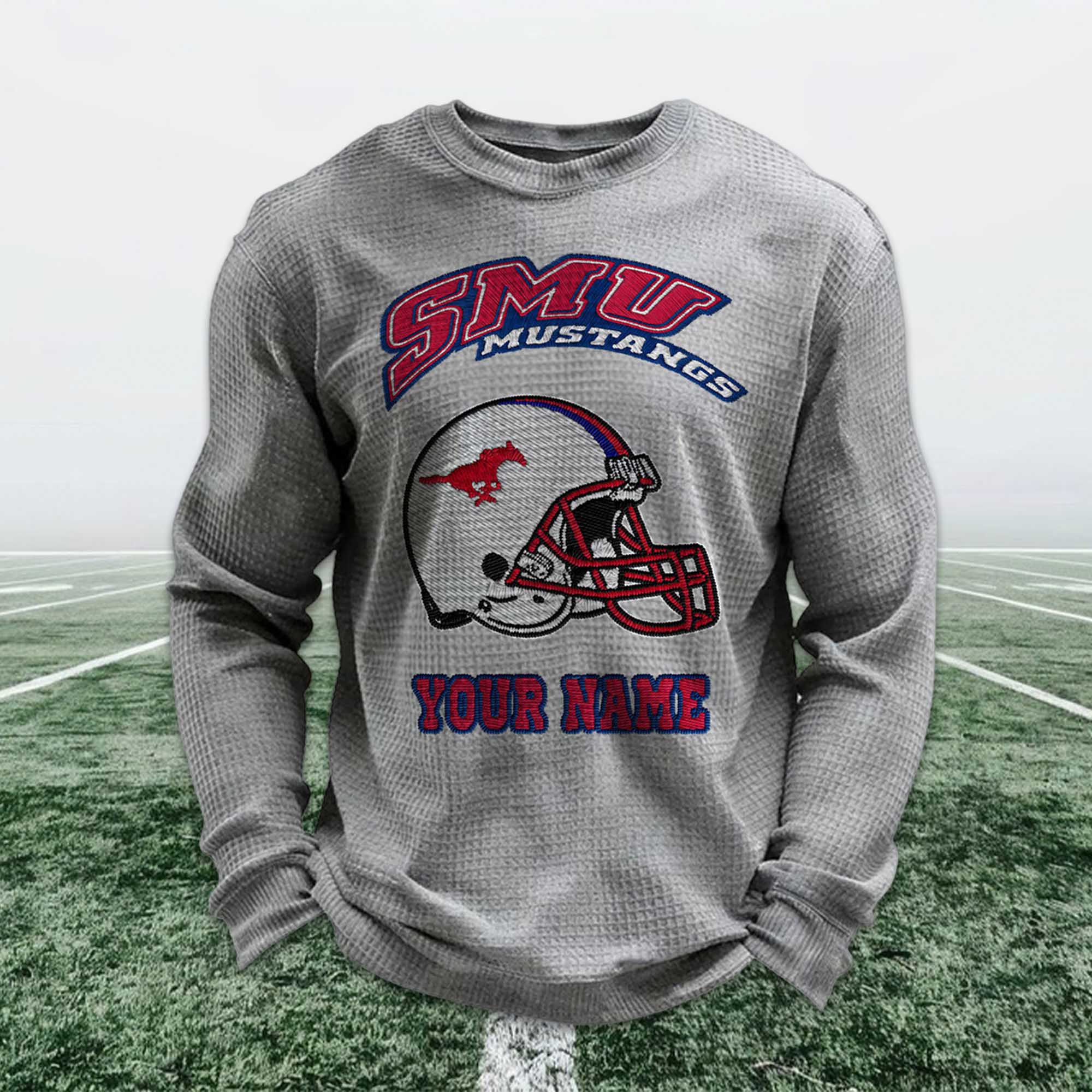 Personalized SMU Mustangs Football Waffle Sweatshirt 4 Personalized SMU Mustangs Football Waffle Sweatshirt (3)