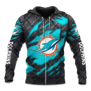Dolphins Black Metal Texture Zipper Hoodie