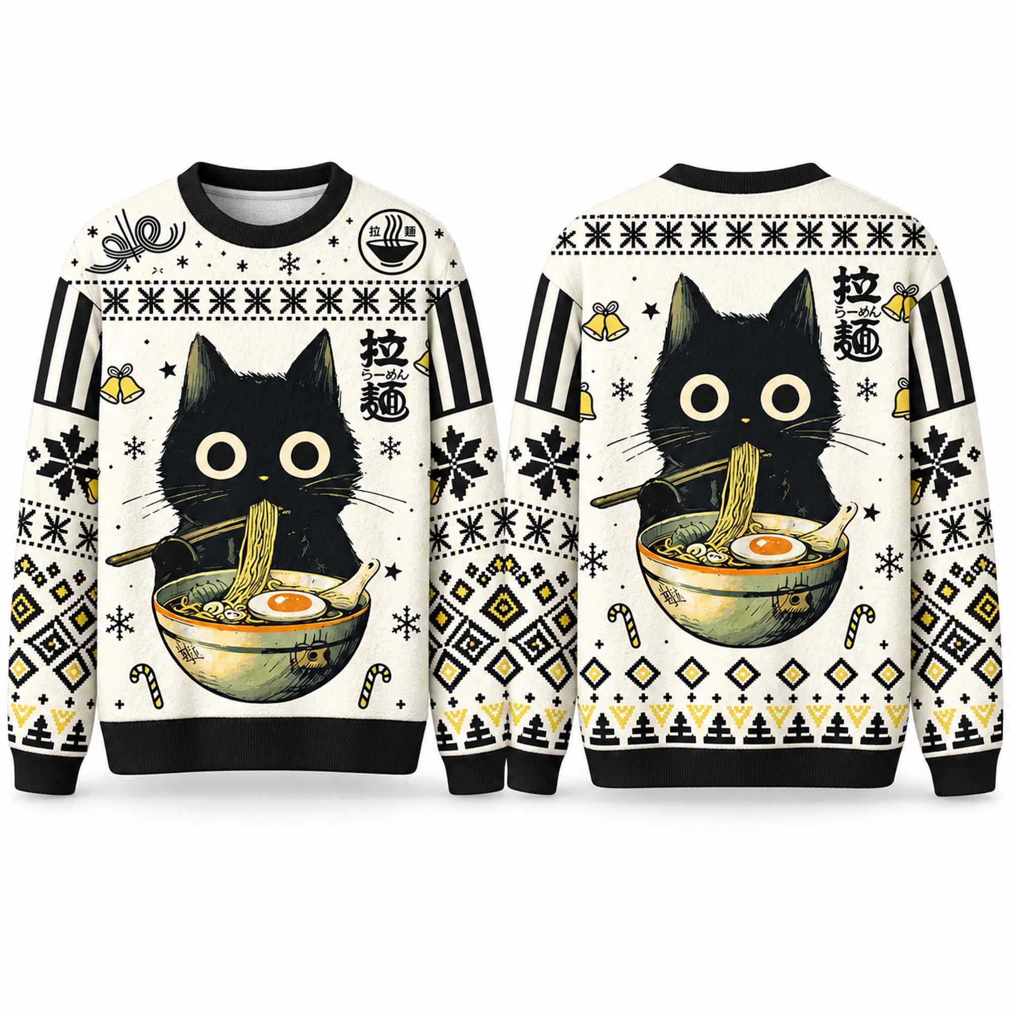 Christmas Cute Black Cat Eating Ramen Japan Ugly Sweater 1 Christmas Cute Black Cat Eating Ramen Japan Ugly Sweater 1