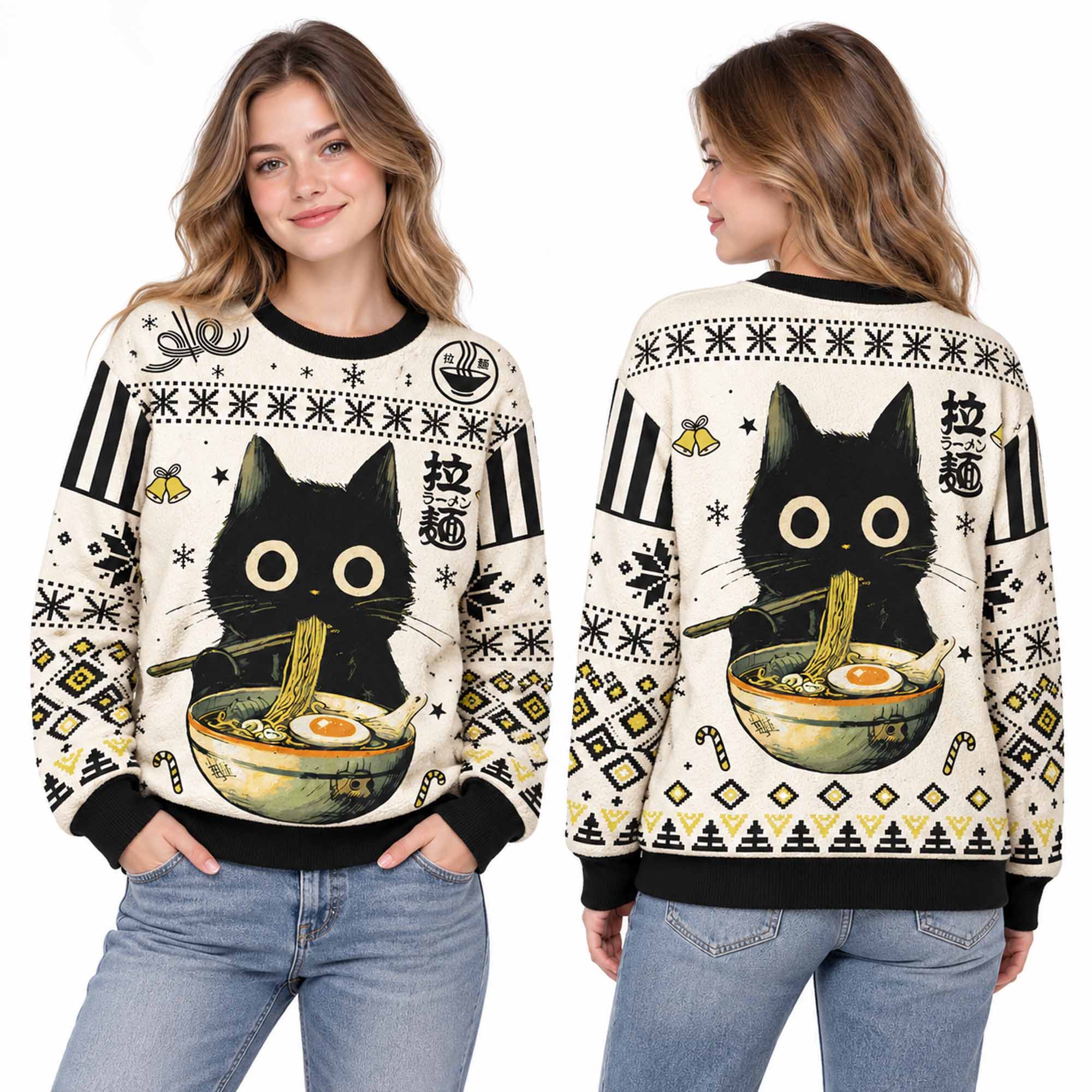 Christmas Cute Black Cat Eating Ramen Japan Ugly Sweater 2 Christmas Cute Black Cat Eating Ramen Japan Ugly Sweater 2