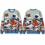 Christmas Japanese Ukiyo E Samurai Cat Riding Octopus Ugly Sweater