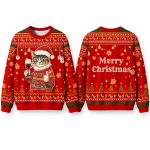 Christmas Whimsical Santa Cat Drinking Wine Ugly Sweater
